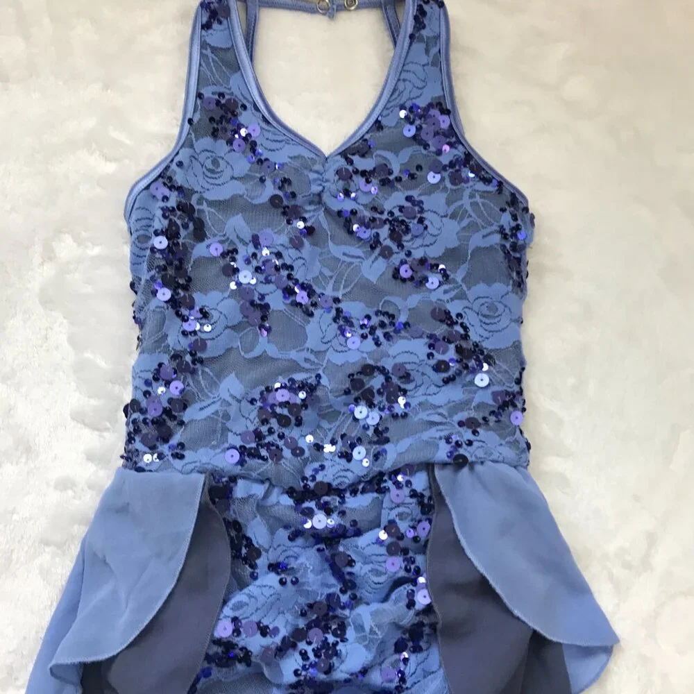 Weissman Dance Costume Girls Size IC (6X/7) Sequined with Half Skirt Periwinkle‎